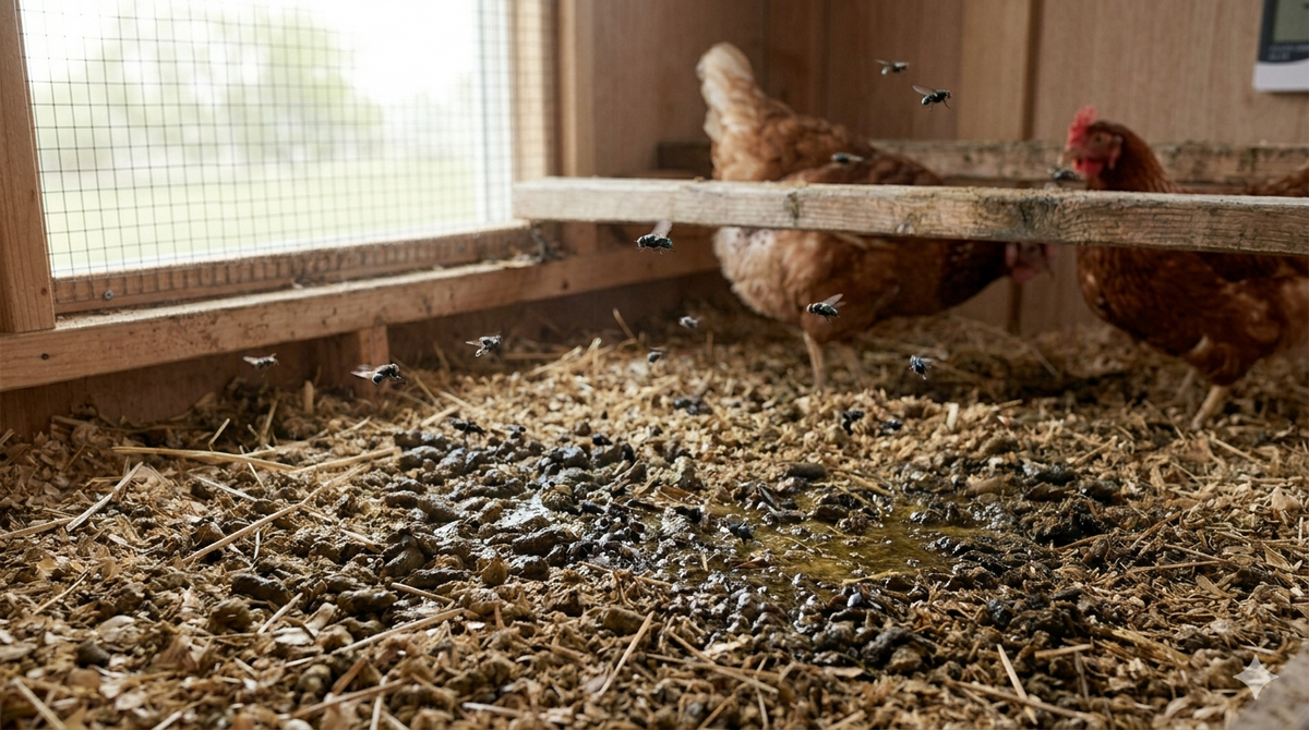 A poultry keeper inspecting the coop interior with a concerned expression — representing the frustration of recurring pest infestations despite repeated treatments