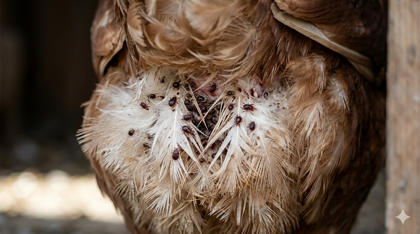 Close-up of chicken feathers around the vent area showing mite activity and early feather damage — visible signs of an active mite infestation requiring immediate treatment