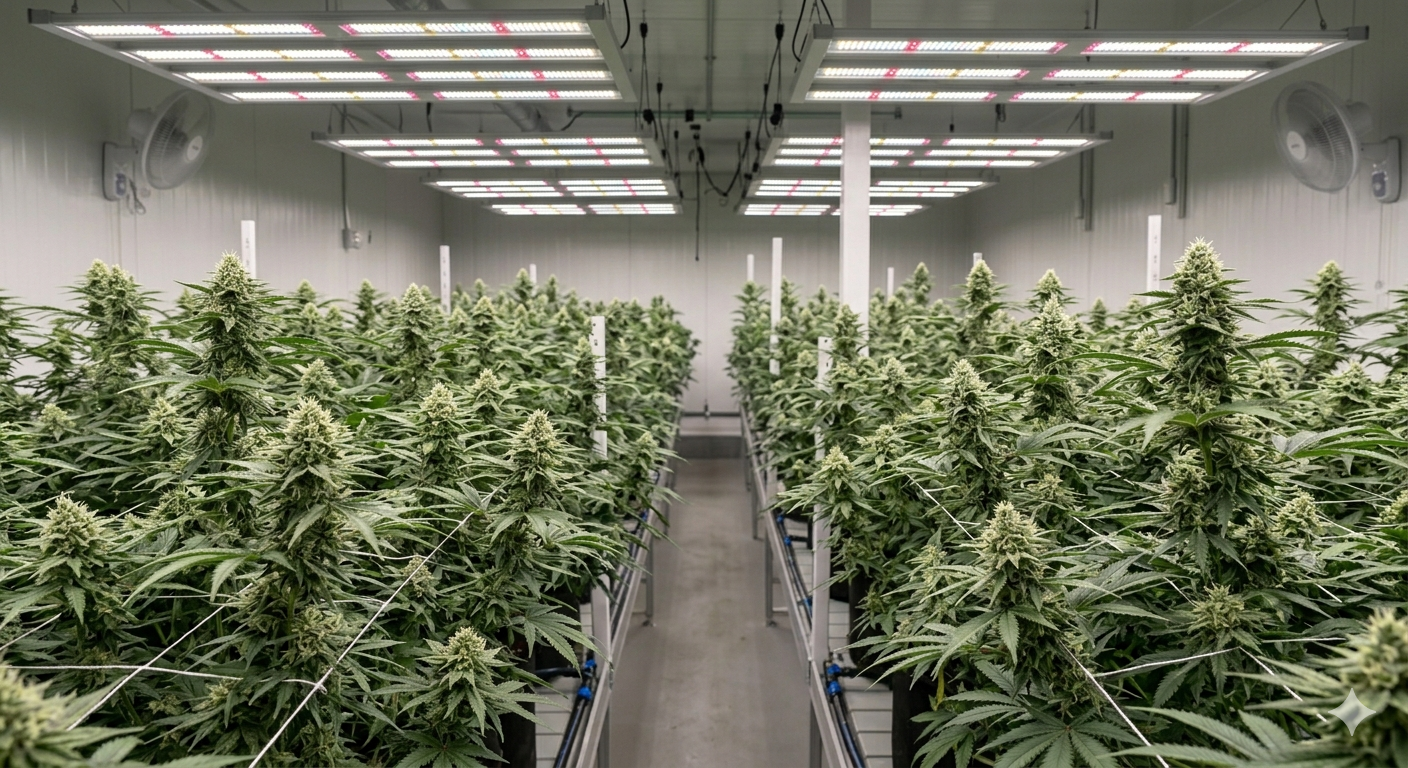 Rows of plants growing under artificial lighting in an enclosed indoor grow room — the controlled environment where airborne spore pressure is highest and most difficult to manage