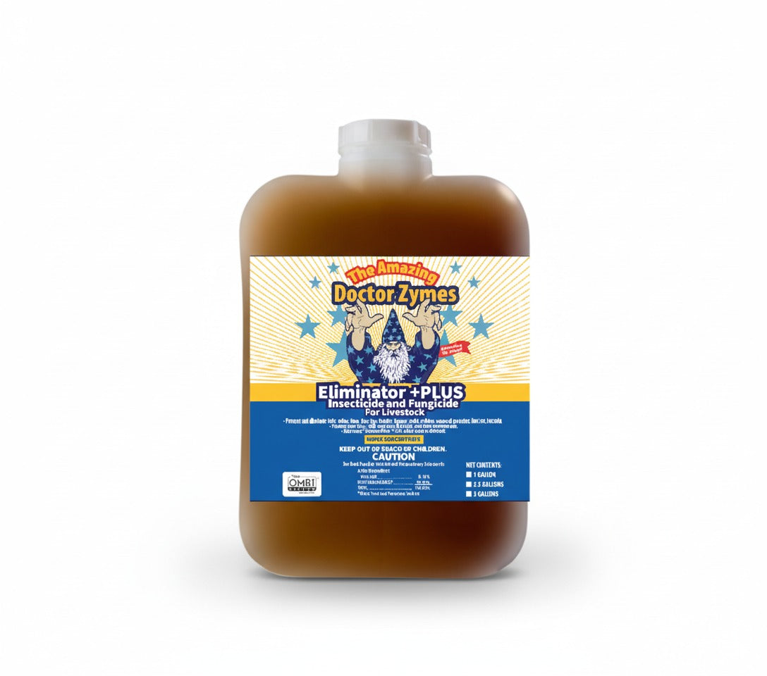 Healthier Livestock. Cleaner Facilities. Zero Residue. Eliminator +PLUS Insecticide - A Complete Eco-Biosecurity System Designed To Eliminate Pests, Disease Pressure, And Contamination Across Air, Surface, And Animal Environments — Safely Without Residue.