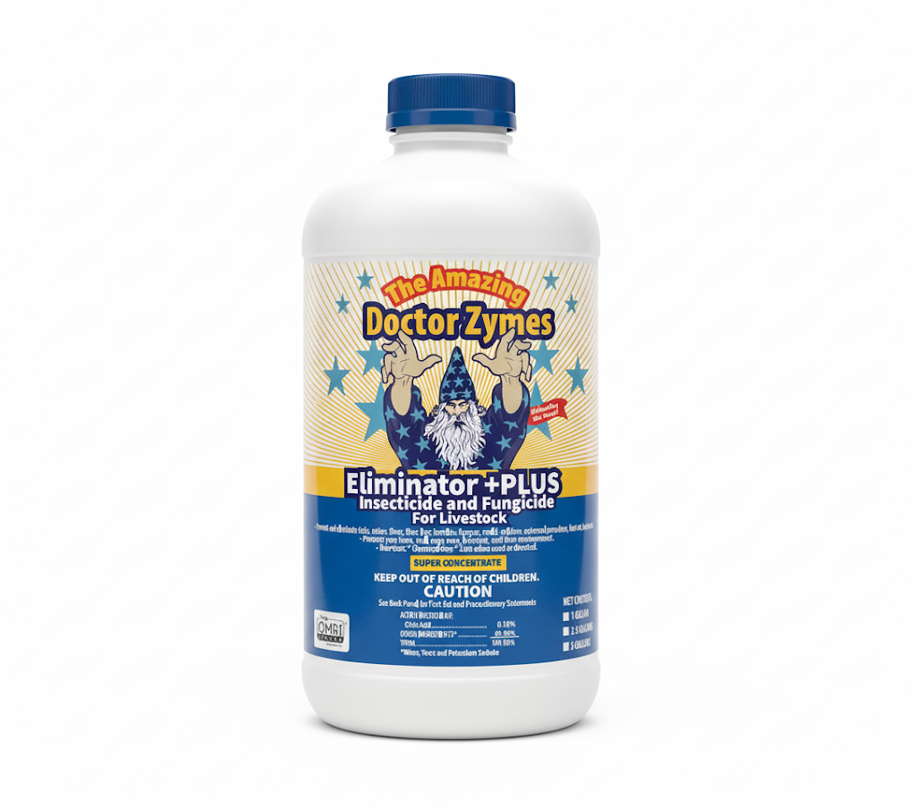 Healthier Livestock. Cleaner Facilities. Zero Residue. Eliminator +PLUS Insecticide - A Complete Eco-Biosecurity System Designed To Eliminate Pests, Disease Pressure, And Contamination Across Air, Surface, And Animal Environments — Safely Without Residue.