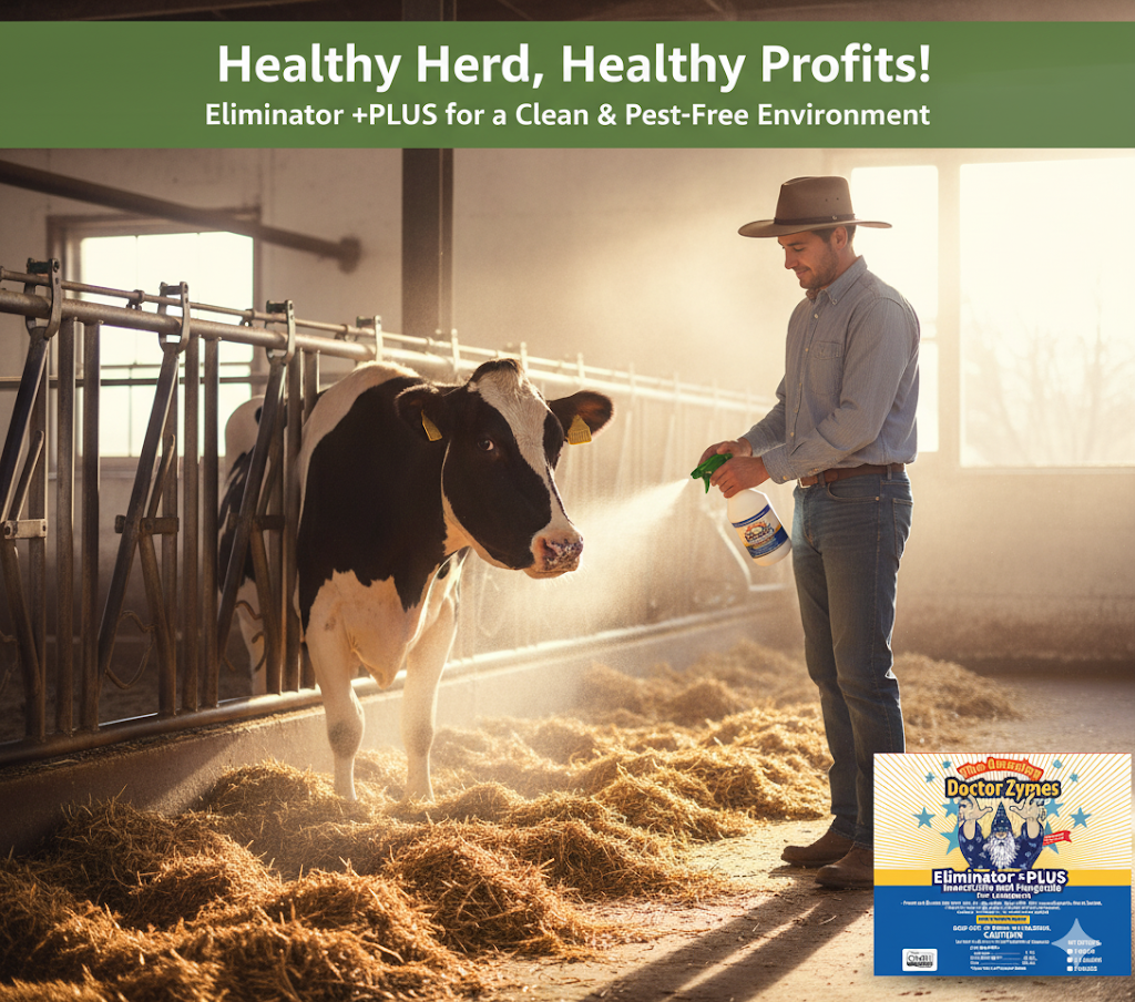 Healthier Livestock. Cleaner Facilities. Zero Residue. Eliminator +PLUS Insecticide - A Complete Eco-Biosecurity System Designed To Eliminate Pests, Disease Pressure, And Contamination Across Air, Surface, And Animal Environments — Safely Without Residue.