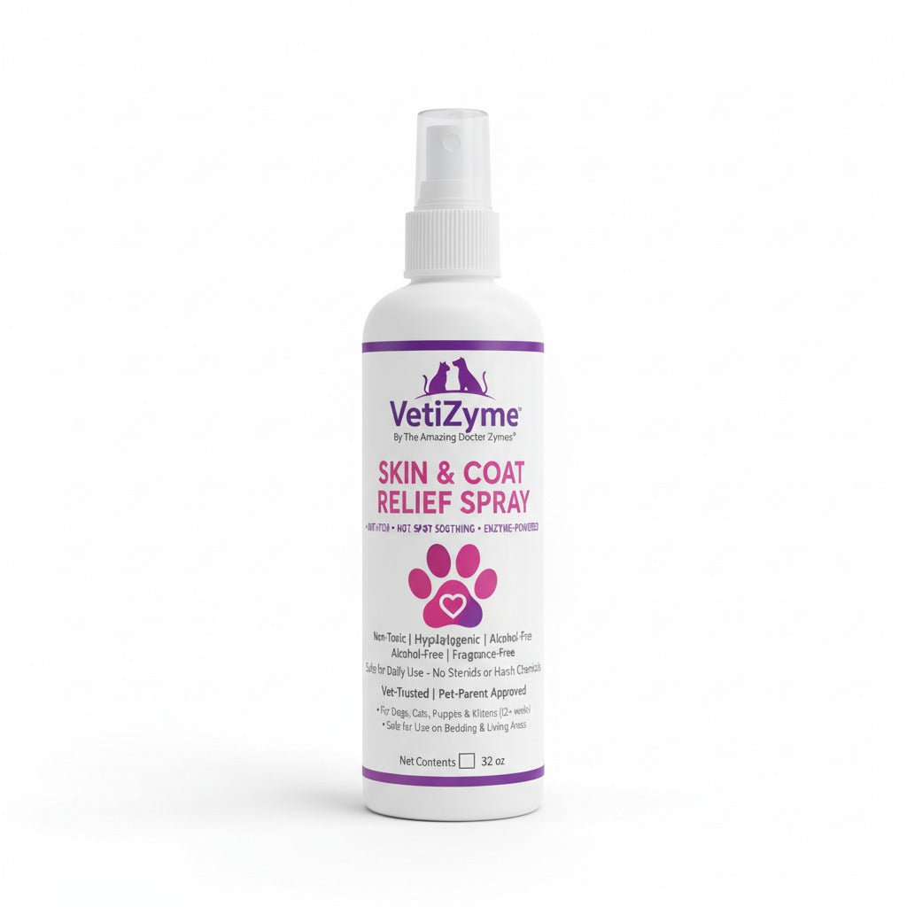 🐾 VetiZyme™ Skin & Coat Relief Spray – Enzyme Powered Soothing & Anti-Itch Care