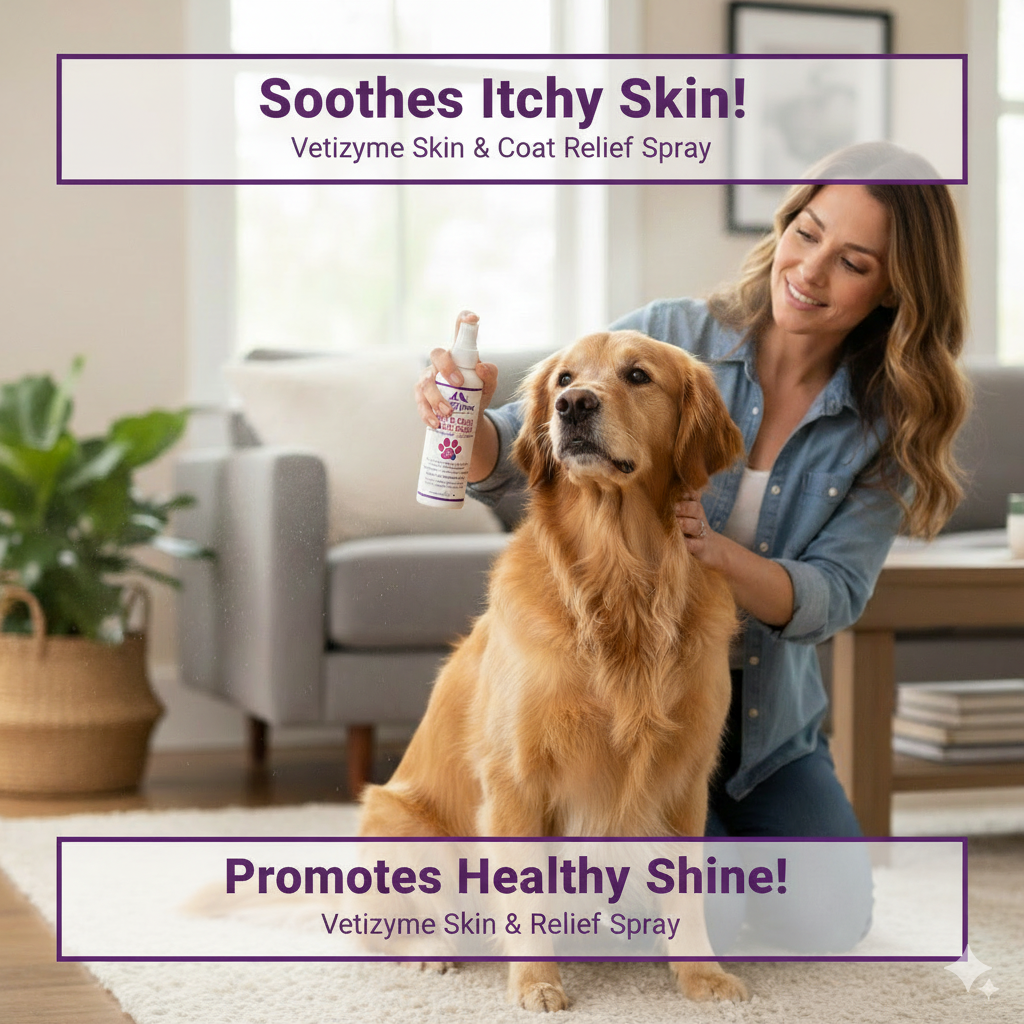 🐾 VetiZyme™ Skin & Coat Relief Spray – Enzyme Powered Soothing & Anti-Itch Care