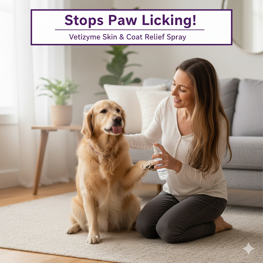 🐾 VetiZyme™ Skin & Coat Relief Spray – Enzyme Powered Soothing & Anti-Itch Care