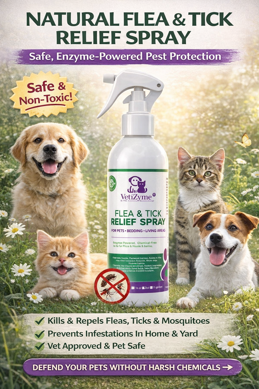 🐾 VetiZyme™ Natural Flea & Tick Relief Spray – Fleas & Ticks Don’t Wait — Why Are You? Eliminate Them Safely in Minutes Without Harsh Chemicals - Protect Your Home & Pet Without Risking Their Health