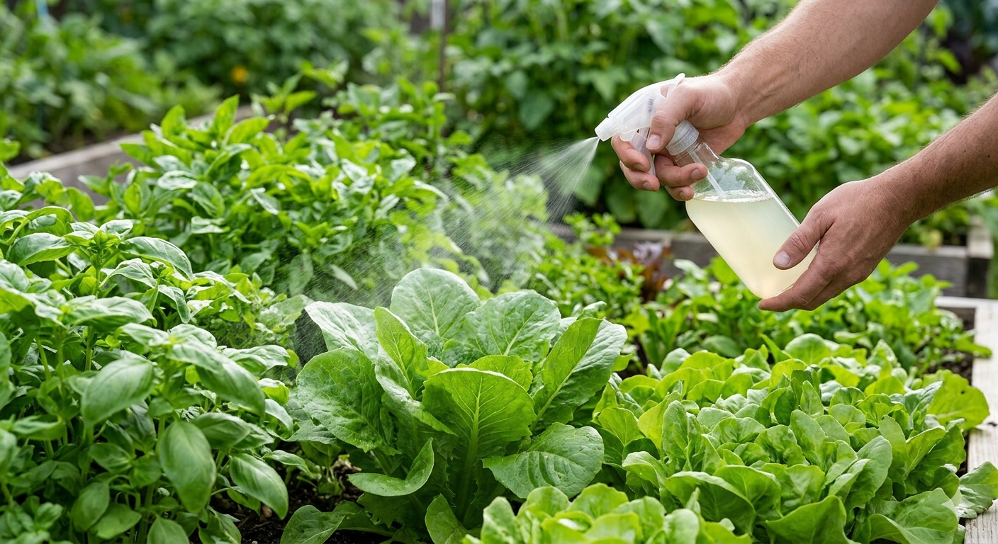 Grower applying organic enzyme spray to healthy green plants in a garden