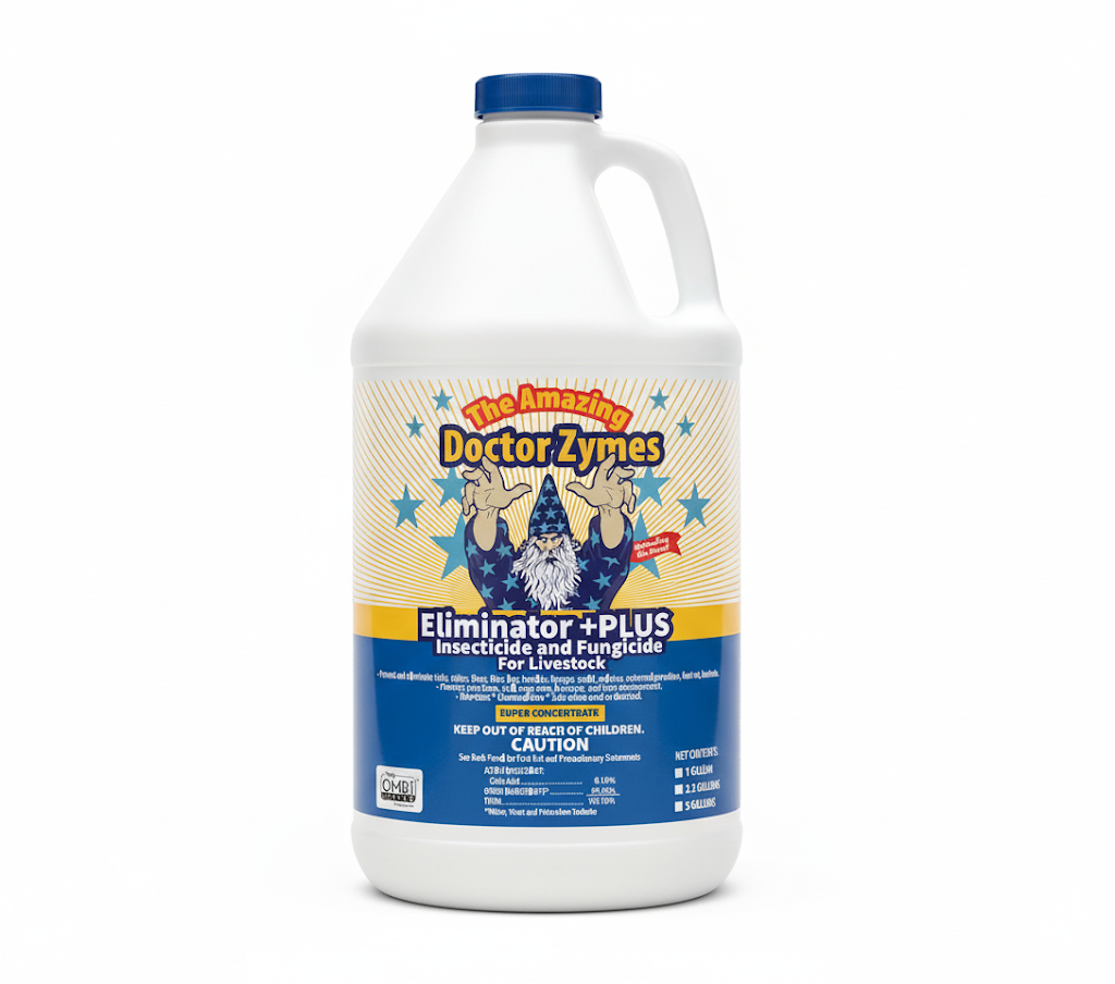Healthier Livestock. Cleaner Facilities. Zero Residue. Eliminator +PLUS Insecticide - A Complete Eco-Biosecurity System Designed To Eliminate Pests, Disease Pressure, And Contamination Across Air, Surface, And Animal Environments — Safely Without Residue.