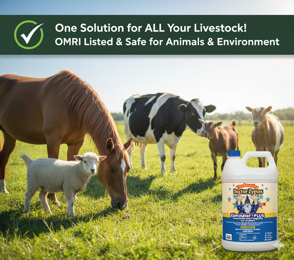 Healthier Livestock. Cleaner Facilities. Zero Residue. Eliminator +PLUS Insecticide - A Complete Eco-Biosecurity System Designed To Eliminate Pests, Disease Pressure, And Contamination Across Air, Surface, And Animal Environments — Safely Without Residue.