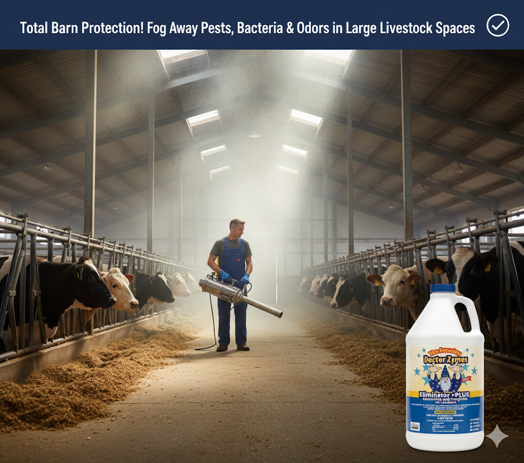 Healthier Livestock. Cleaner Facilities. Zero Residue. Eliminator +PLUS Insecticide - A Complete Eco-Biosecurity System Designed To Eliminate Pests, Disease Pressure, And Contamination Across Air, Surface, And Animal Environments — Safely Without Residue.