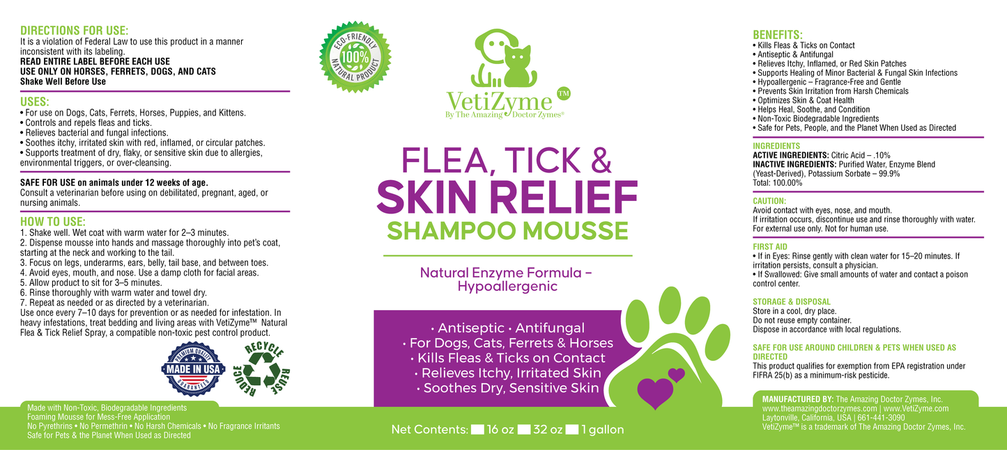 🐾 VetiZyme™ Flea, Tick & Skin Relief Shampoo Mousse – Enzyme-Powered Protection & Comfort
