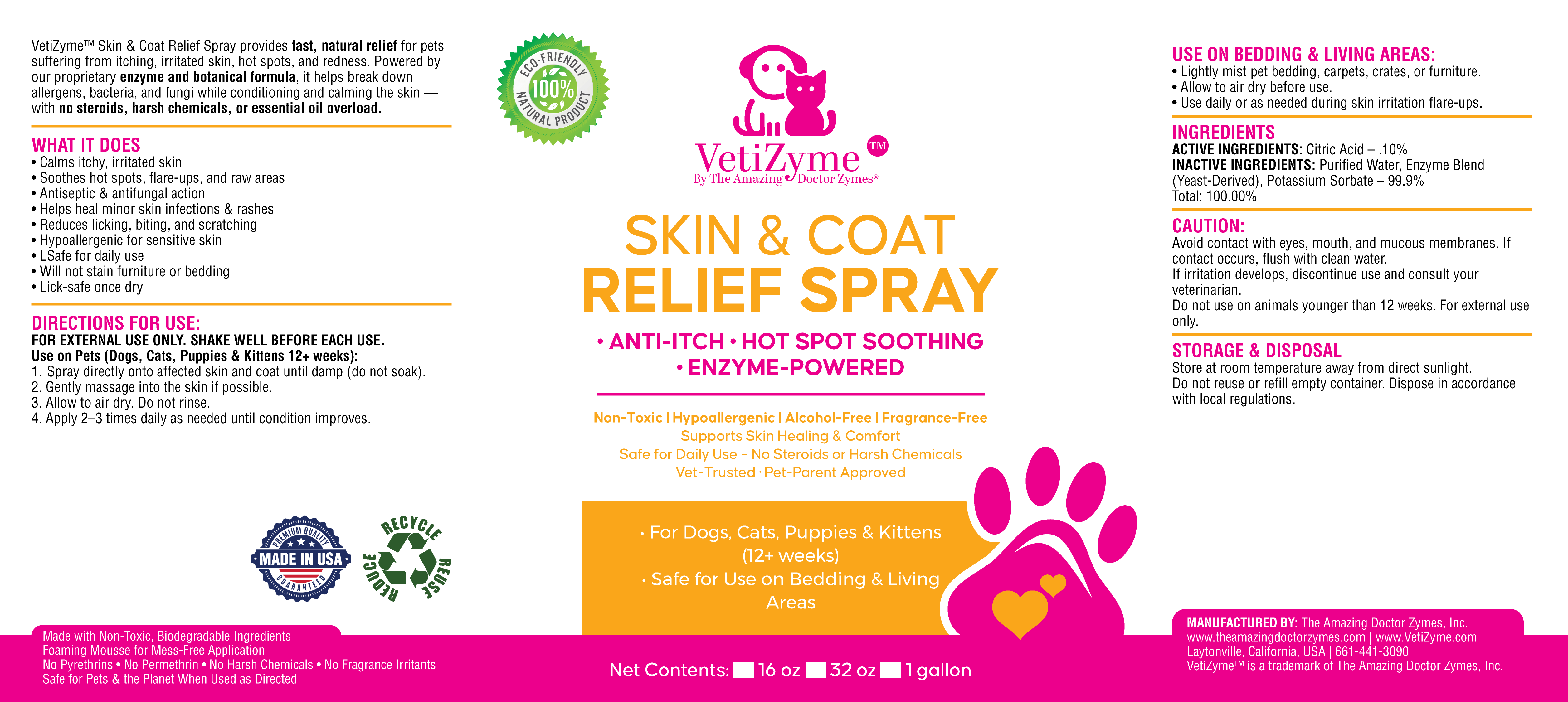 🐾 VetiZyme™ Skin & Coat Relief Spray – Enzyme Powered Soothing & Anti-Itch Care