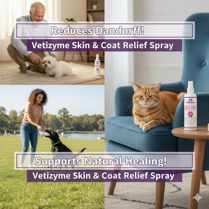🐾 VetiZyme™ Skin & Coat Relief Spray – Enzyme Powered Soothing & Anti-Itch Care