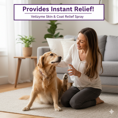 🐾 VetiZyme™ Skin & Coat Relief Spray – Enzyme Powered Soothing & Anti-Itch Care