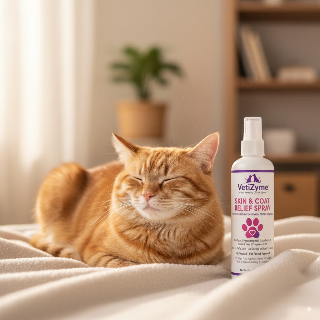 🐾 VetiZyme™ Skin & Coat Relief Spray – Enzyme Powered Soothing & Anti-Itch Care