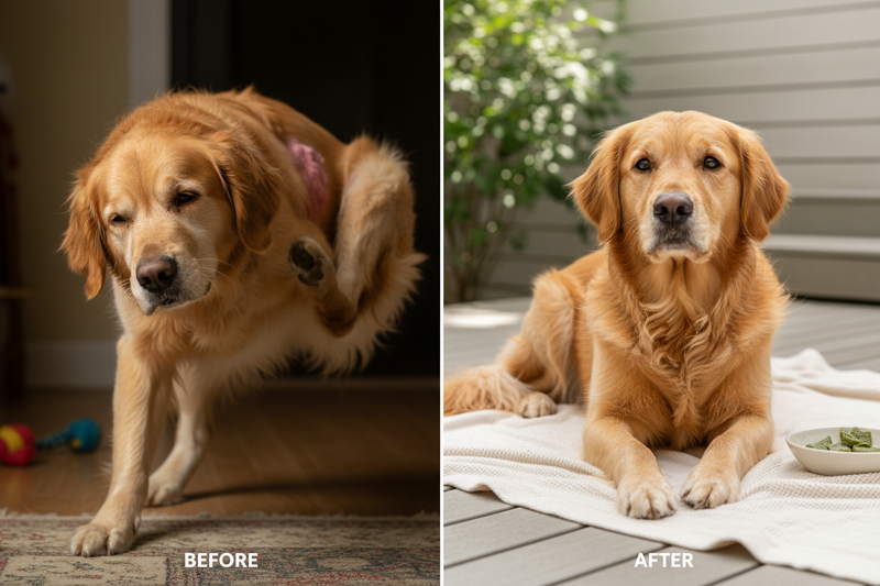 Before and after dog skin condition improvement