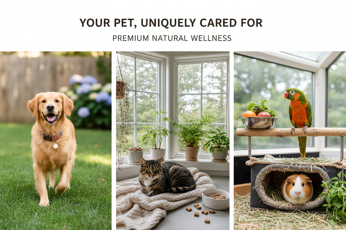 Diverse pets in various environments showing personalized care approach