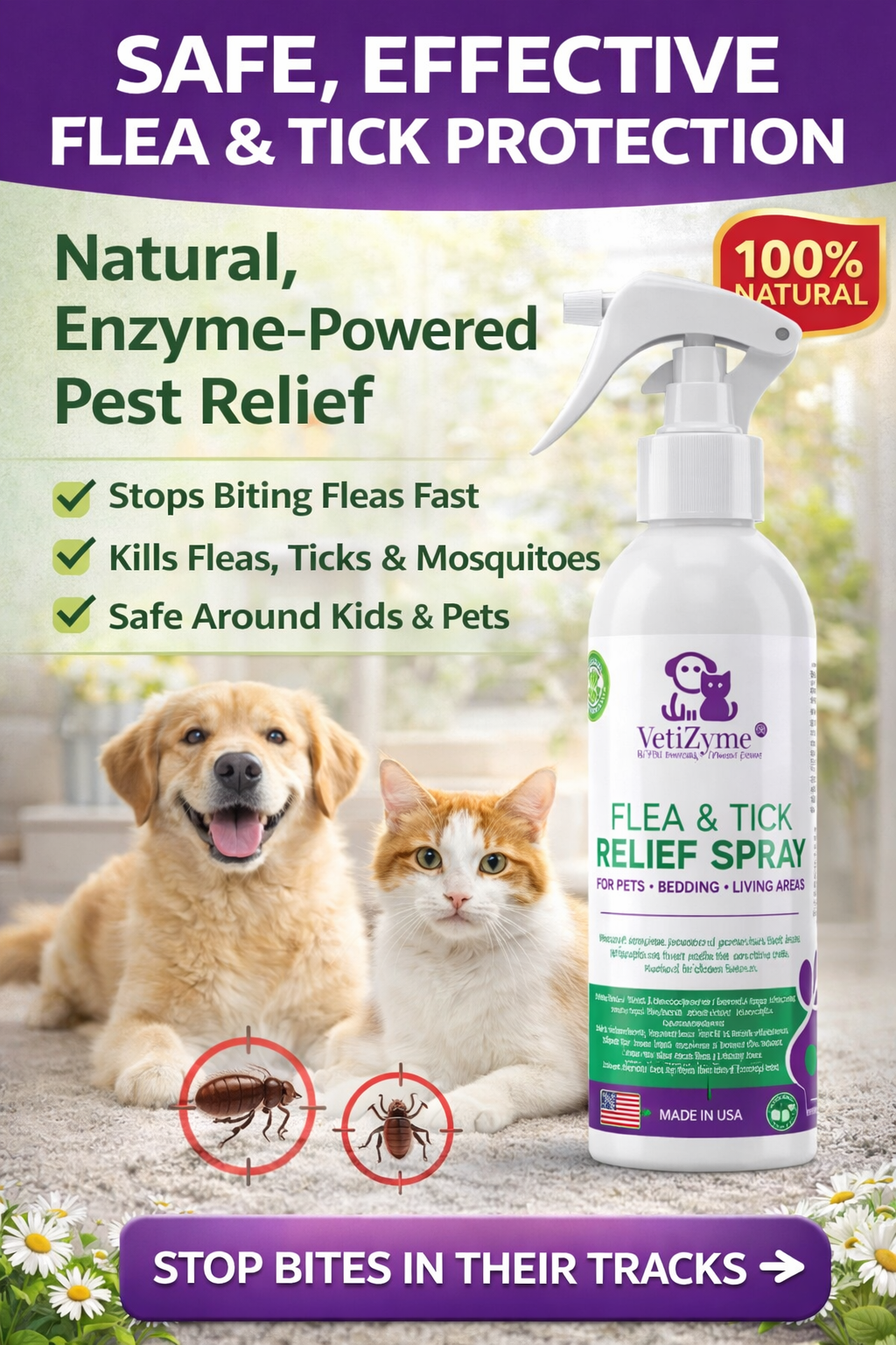 🐾 VetiZyme™ Natural Flea & Tick Relief Spray – Fleas & Ticks Don’t Wait — Why Are You? Eliminate Them Safely in Minutes Without Harsh Chemicals - Protect Your Home & Pet Without Risking Their Health