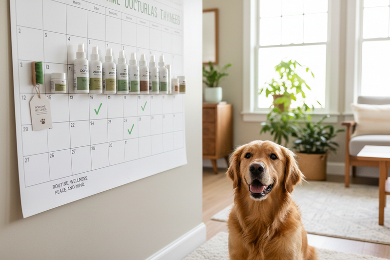 Pet care subscription routine with products and happy pet