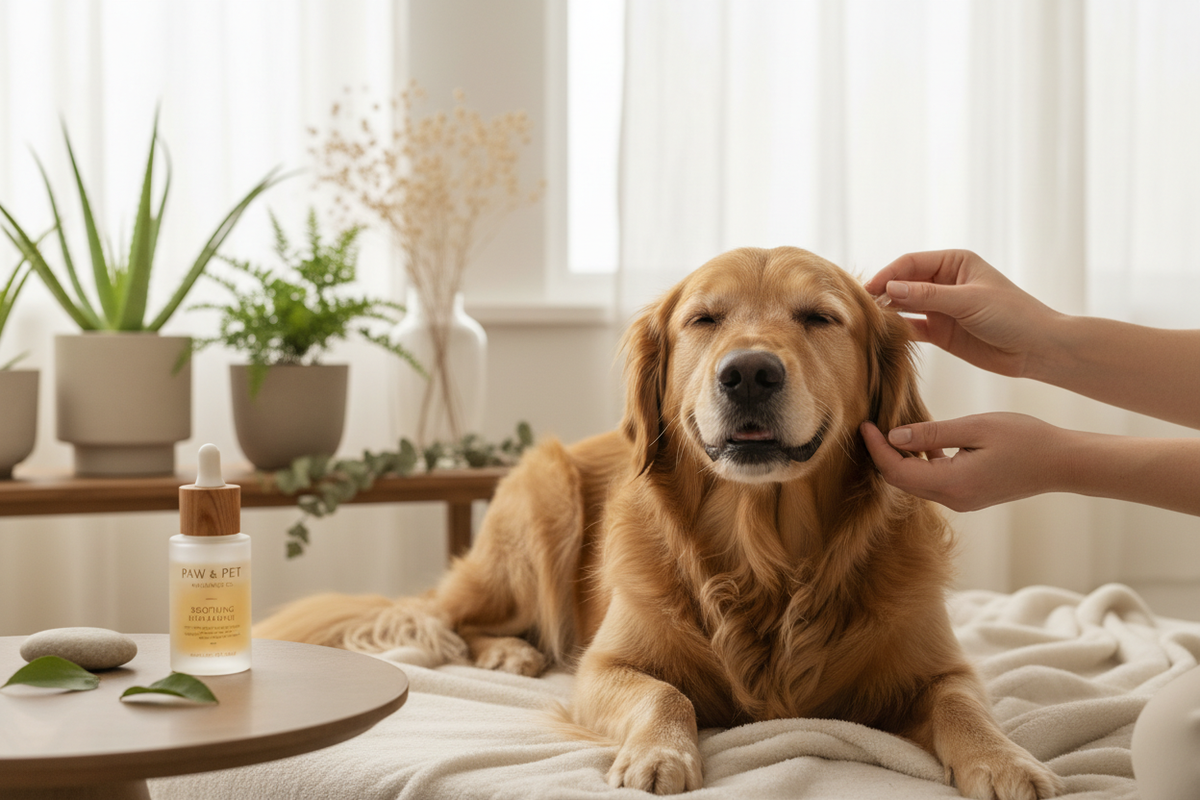 Premium pet care image showing a healthy, happy dog in natural wellness setting