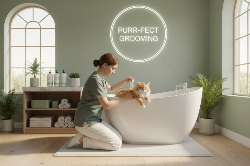 Professional groomer caring for a relaxed cat